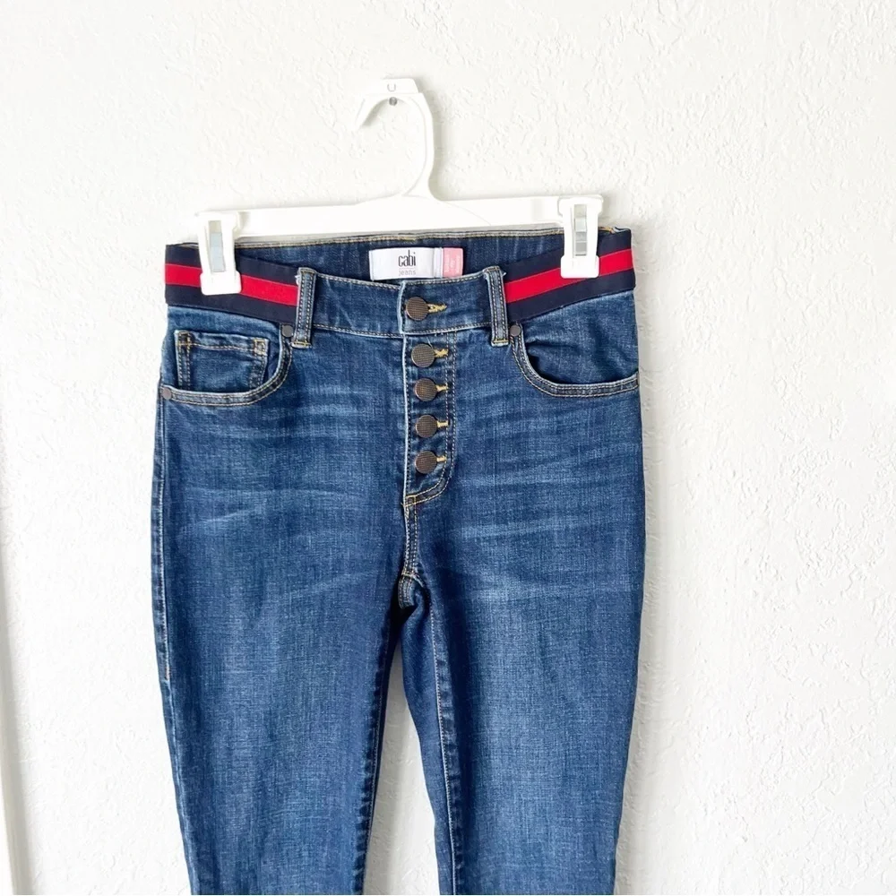 CAbi Jeans Women's 2 Simone Skinny Dark Wash Button Fly Tennis Prep Rugby Stripe